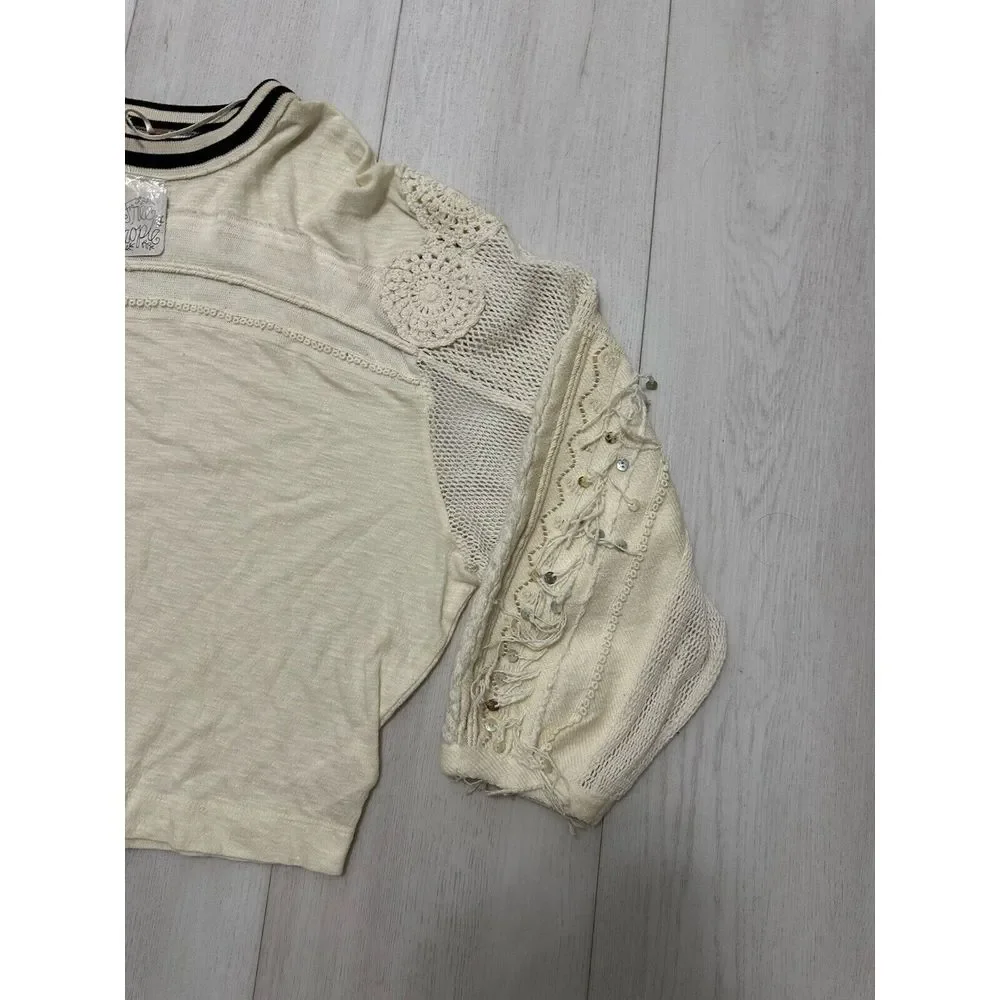 NWT‎ FREE PEOPLE Marakesh Embellished Sleeves Top Sz S $128 MSRP Ivory